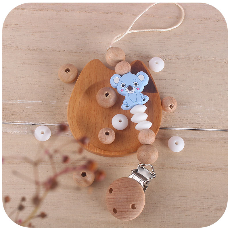 Cartoon Wooden Baby Pacifier Clip Chain Silicone Teething Beads Bear Toys Teether Dummy Holder Infant Nipple Clips