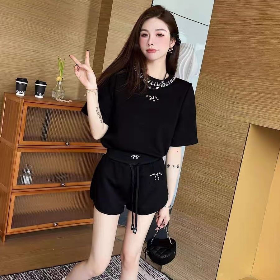 Women's Two Piece Pants designer handmade brick diamond fashion set high Knits short sleeve sweater letter jacquard CC comfortable thin quality design IS9Z