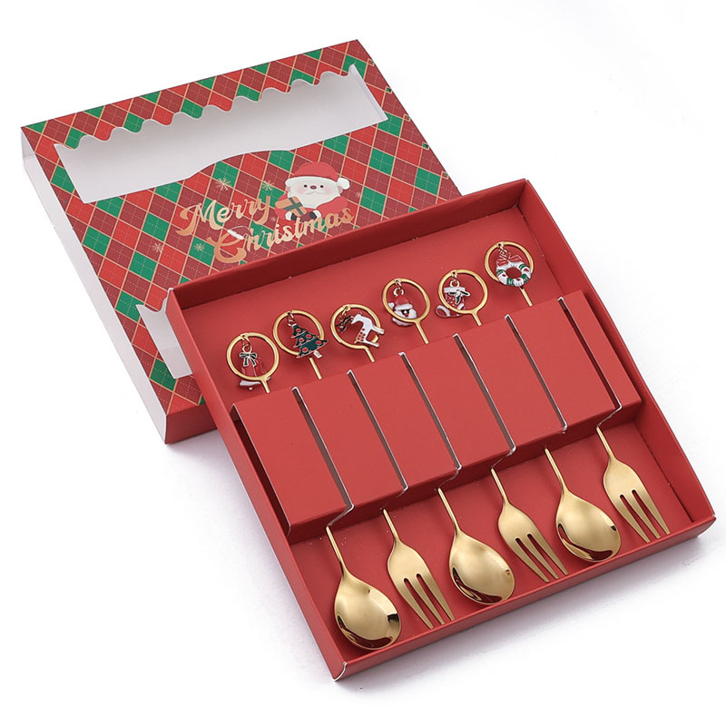 Cuillère et fourchette cadeau de noël en acier inoxydable, 6 pièces, avec boîte-cadeau, service de vaisselle doré avec ornement