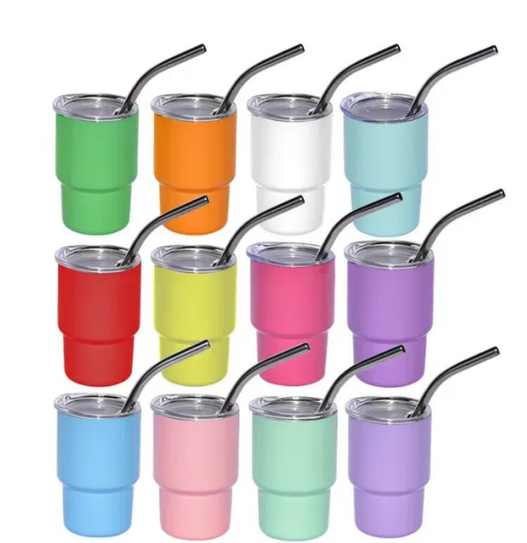 Verre à shot de sublimation de 3 oz avec paille en métal 12 couleurs Gobelet en acier inoxydable à double paroi pour enfants Bouteille d'eau Tasses de voyage Tasses Verres à vin