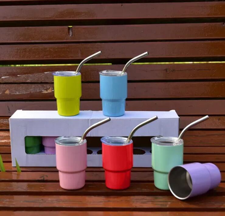 Verre à shot de sublimation de 3 oz avec paille en métal 12 couleurs Gobelet en acier inoxydable à double paroi pour enfants Bouteille d'eau Tasses de voyage Tasses Verres à vin