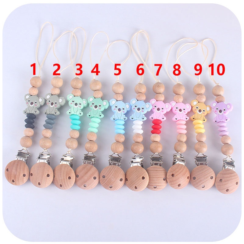 Cartoon Wooden Baby Pacifier Clip Chain Silicone Teething Beads Bear Toys Teether Dummy Holder Infant Nipple Clips