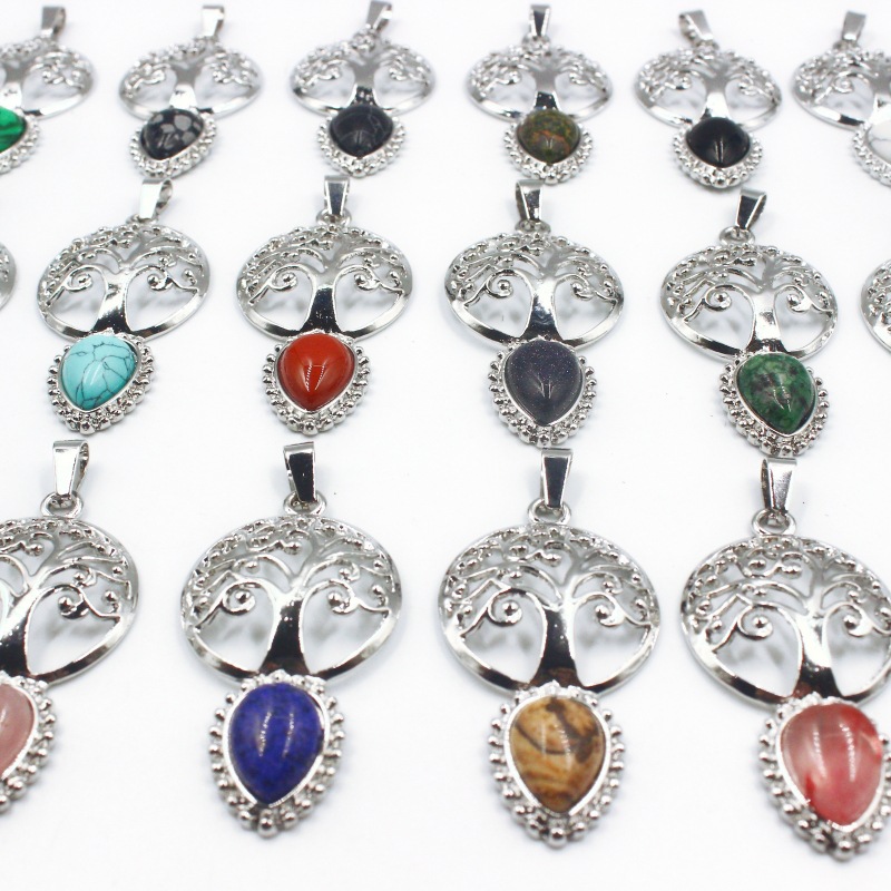 Rich Lucky Tree of Life Charms Water Drop Natural Stone Quartz Pendant Healing Crystal Jewelry Making Gift Wholesale