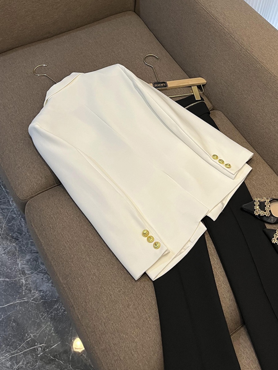 2023 Autumn White Solid Color Beaded Blazers Long Sleeve Notched-Lapel Sequins Single-Breasted Outwear Coats O3G302689