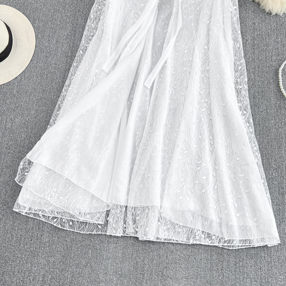 Casual jurken strand zonnebrandcrème kleding losse kant vest kape cape geborduurde mesh lange jurk voor reizen 2023 zomer