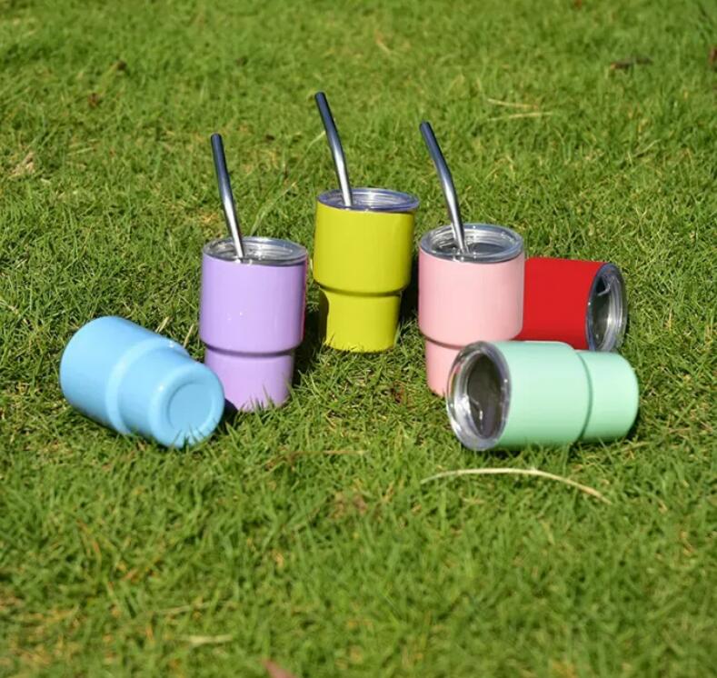 Verre à shot de sublimation de 3 oz avec paille en métal 12 couleurs Gobelet en acier inoxydable à double paroi pour enfants Bouteille d'eau Tasses de voyage Tasses Verres à vin