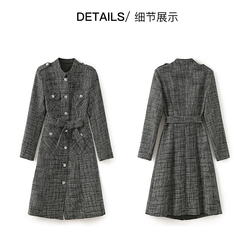 2023 Summer Gray Plaid Dress Long Sleeve Round Neck Buttons Midi Casual Dresses S3S08W09081113