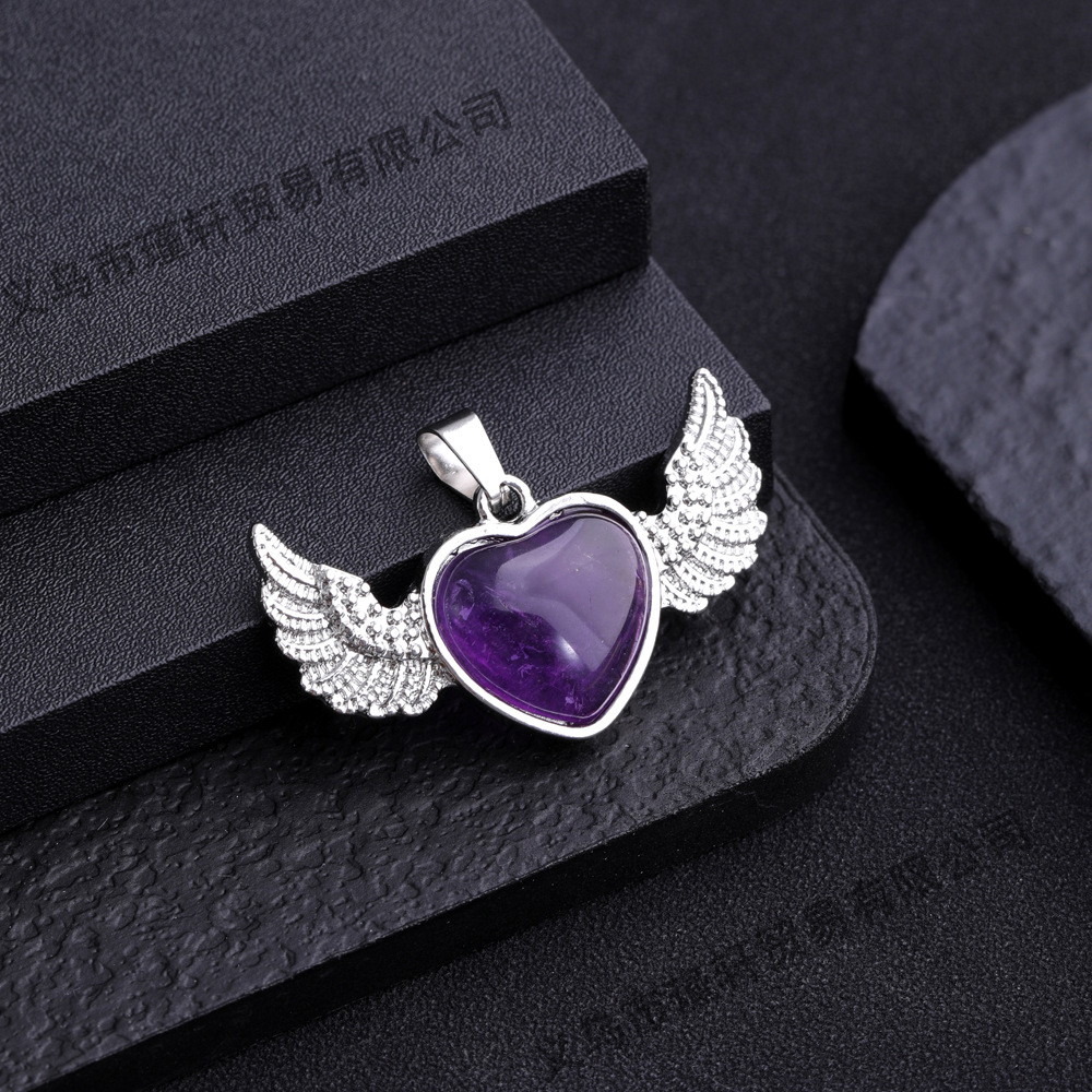 Natural Stone amethyst Pendant Heart shaped wings Angel opal pink crystal pendant charms for for jewelry making necklaces