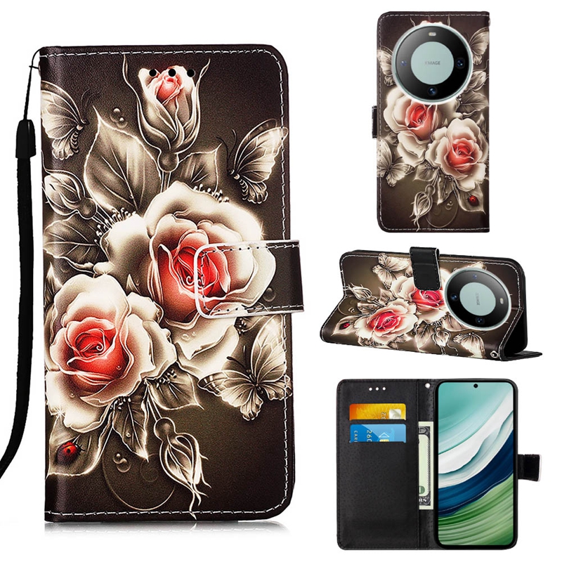 Étuis portefeuille en cuir PU pour Samsung S23 FE A24 A34 5G Huawei Mate 60 Pro Moto G14 Imprimer Dentelle Fleur Papillon Panda Tigre Tour Support Animal Flip Cover Pochette Sangle