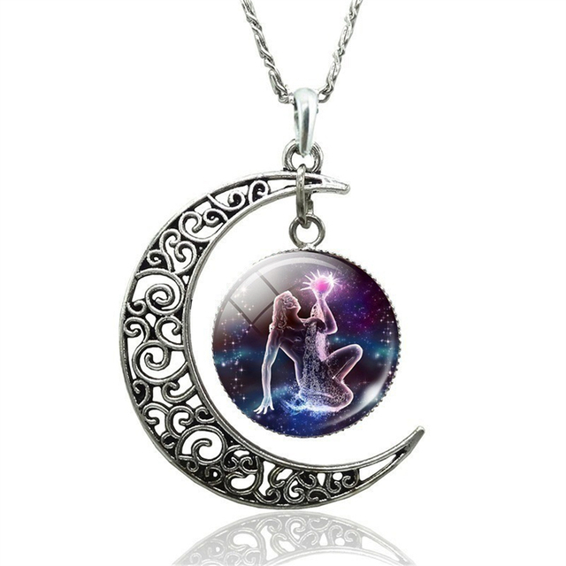 Luminous 12 Zodiac Sign Moon Pendant Necklace Galaxy Constellation Astrology Horoscope Charm Necklaces For Women Men Girls