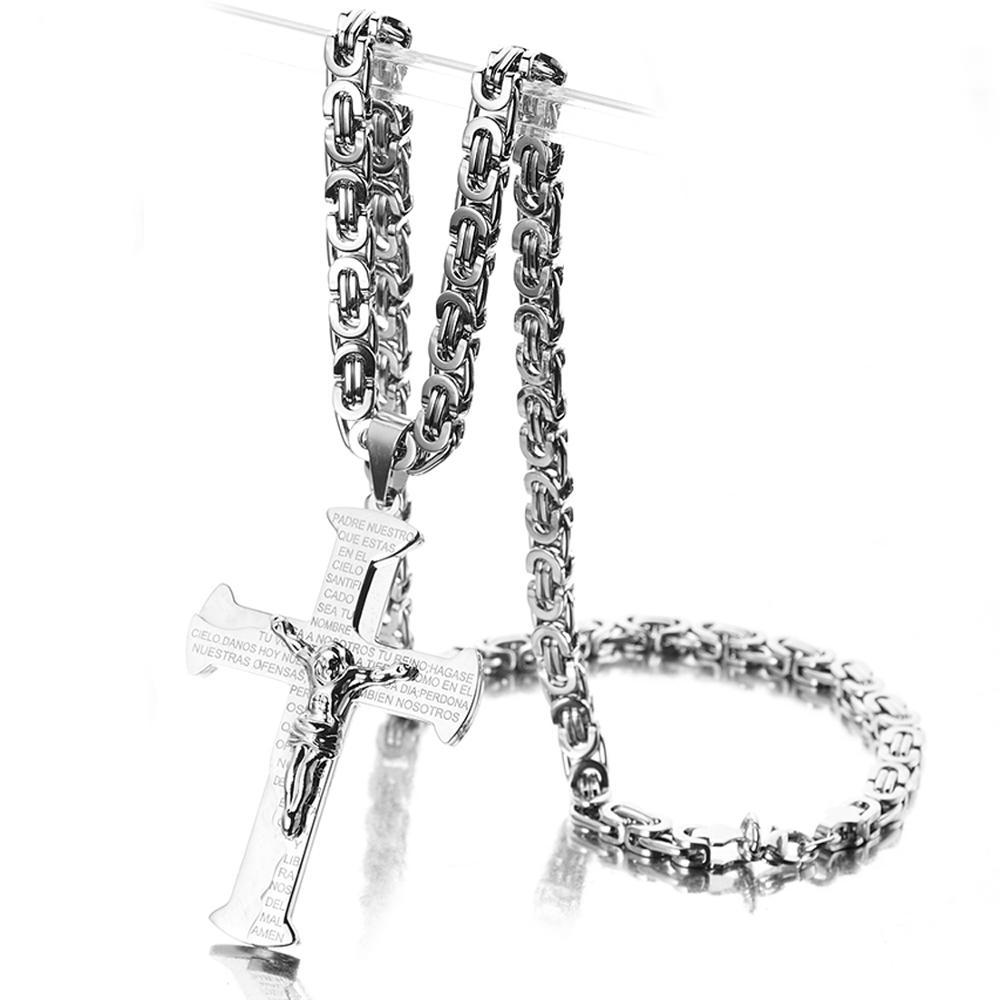 Collier avec pendentif croix de jésus Crucifix en acier inoxydable pour hommes et femmes, chaîne en corde de couleur or argent noir