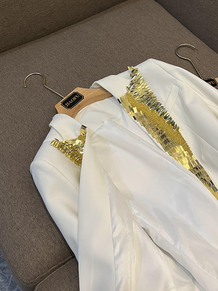 2023 Autumn White Solid Color Beaded Blazers Long Sleeve Notched-Lapel Sequins Single-Breasted Outwear Coats O3G302689