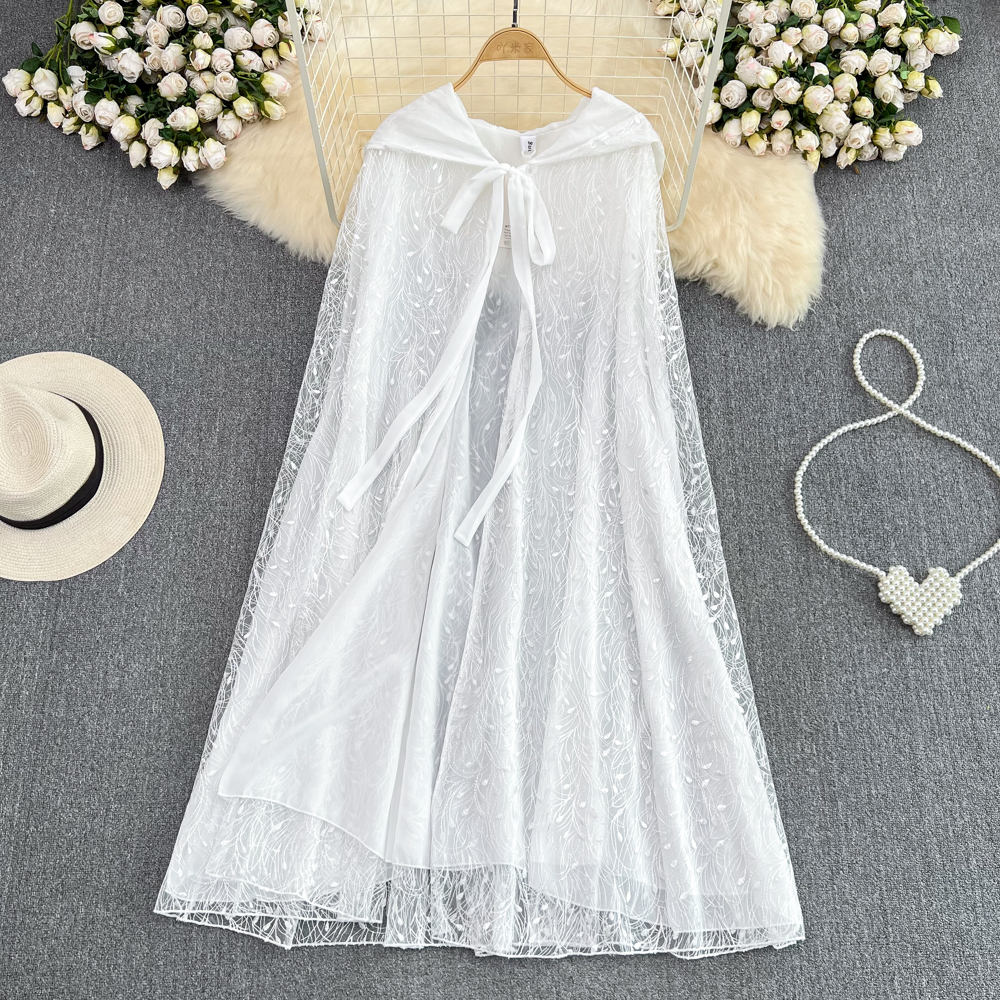 Casual jurken strand zonnebrandcrème kleding losse kant vest kape cape geborduurde mesh lange jurk voor reizen 2023 zomer