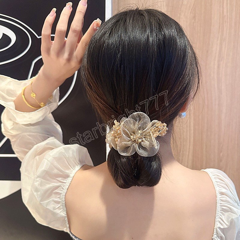 Yarn Flower Hair Rings Rope Women Girl Ponytail Ties Elastic Hair Bands Leaves Rhinestone Beads Headbands Scrunchies Accessories