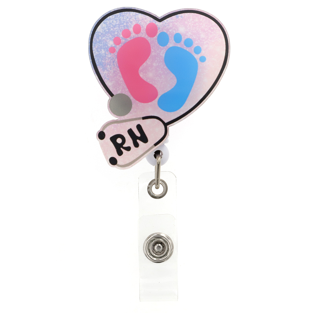 Medical Glitter Acrylic Badge Reel Heart Shape Baby Feet Badge Holder Reel for Nurse Doctor Hospital Office Supplier