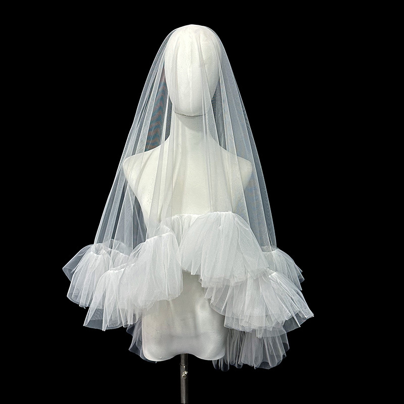 Elegant Wedding Bridal Veil Soft Tulle Ruffled Edge Covering Face Off White Sister Brides Handmade Veil 1.5M