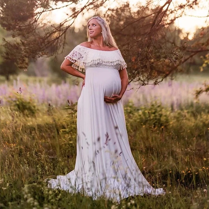 Boho Maternity Dresses Slash Neck Lace Tassels Pregnancy Photography Bohemian Long Dresses