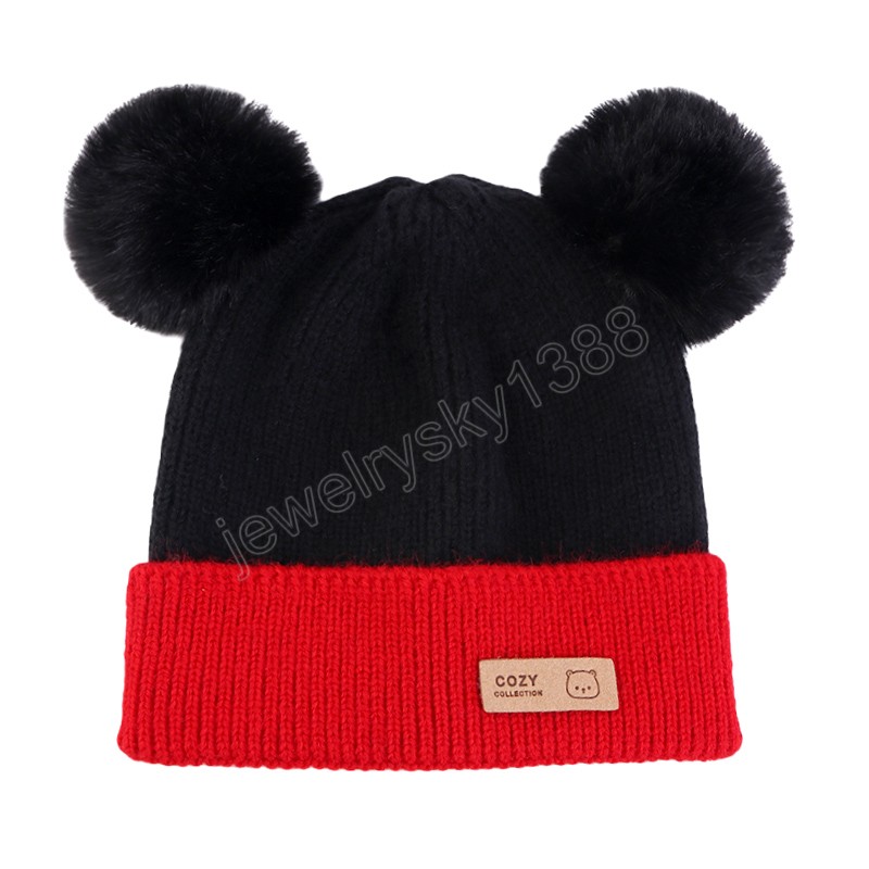 Version coréenne enfants Micky Ball chapeau de laine enfants Double Pom tricot bonnet bébé mignon chapeau de noël tout Match chapeau chaud doux casquette chaude