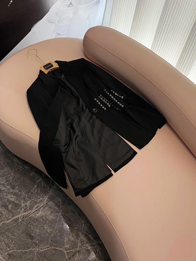 Blazer noir à lacets, couleur unie, manches longues, boutons à revers cranté, simple boutonnage, vêtements d'extérieur, manteaux, automne, O3G301961