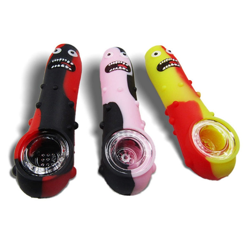 New Colorful Silicone Pipes Cucumber Monster Design Style Glass Filter Nineholes Screen Bowl Portable Herb Tobacco Cigarette Holder Smoking Handpipes