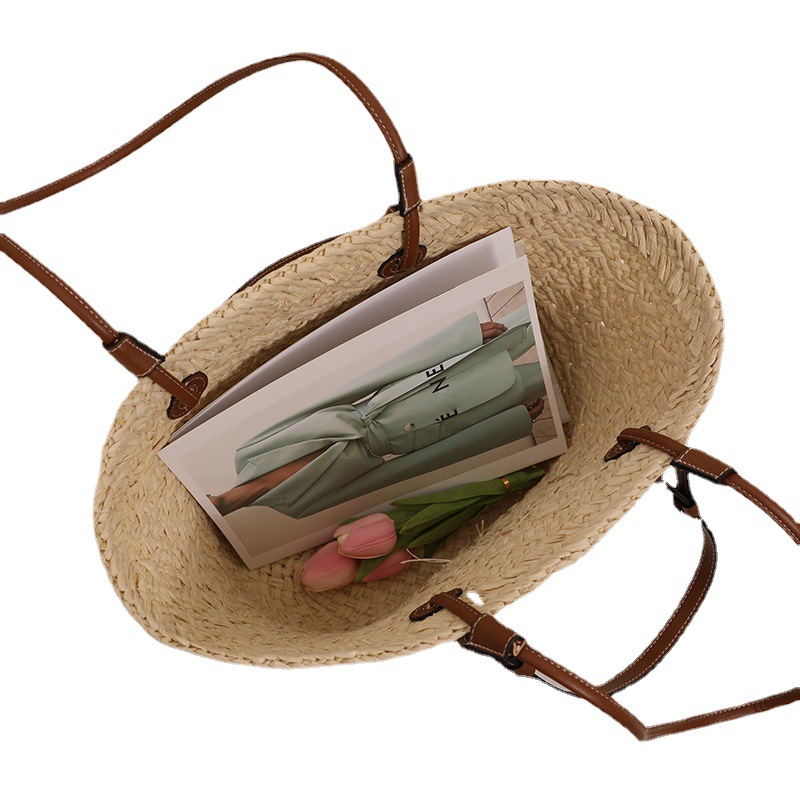 Sac de plage de grande capacité pour femmes, sac à bandoulière tissé en paille au design élégant pour frais et Portable