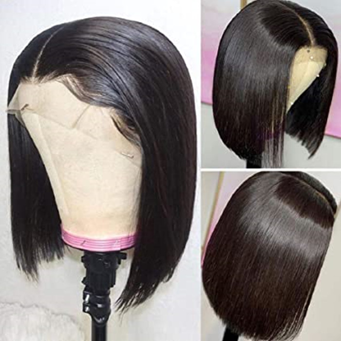 210%Densitet Glueless HD Stängning Bob Wigs 4x4 Natural Color Middle Part Rak kort bob gratis frakt