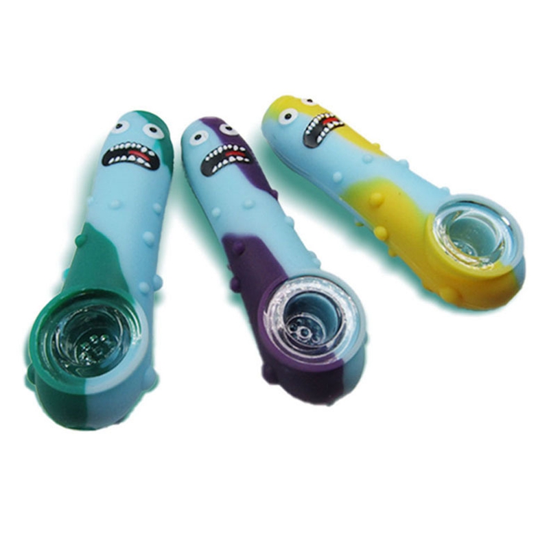 New Colorful Silicone Pipes Cucumber Monster Design Style Glass Filter Nineholes Screen Bowl Portable Herb Tobacco Cigarette Holder Smoking Handpipes