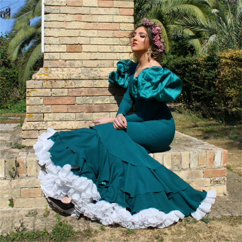 Unique Teal Green Mermaid Prom Dress With Ruffles 2023 V Neck Long Sleeve Spanish Dance Party Gown Floor Length Formal Occasion