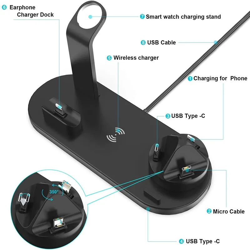 CASEiST 4 in 1 Wireless Fast Chargers 15W Charging Station Qi Mobile Cellphone Universal Multifunctional Stand Holder Travel Mount Dock For iPhone AirPods iWatch