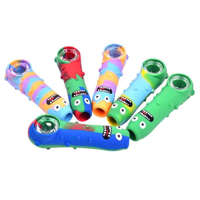 New Colorful Silicone Pipes Cucumber Monster Design Style Glass Filter Nineholes Screen Bowl Portable Herb Tobacco Cigarette Holder Smoking Handpipes