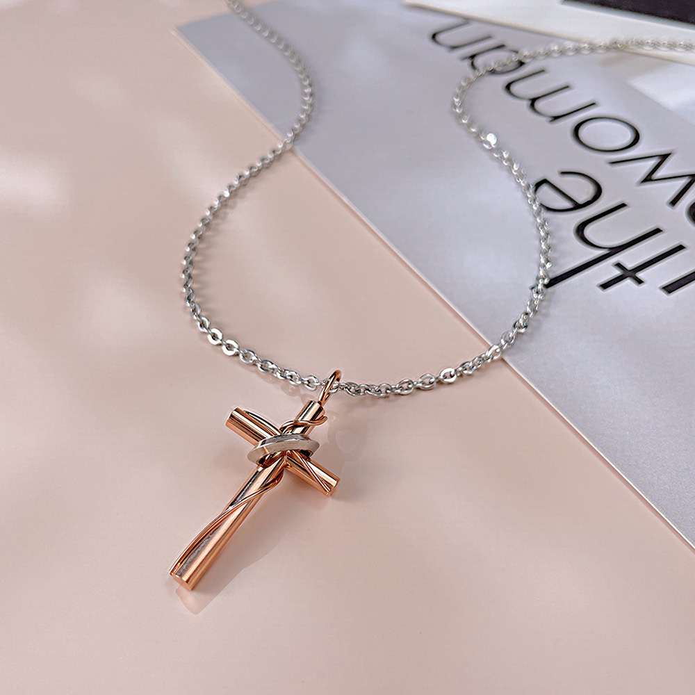 Simple Fashion Women Cross Pendant Stainless Steel Chain Necklace Rose Gold Color For Girlfriends Gifts 20inch n521