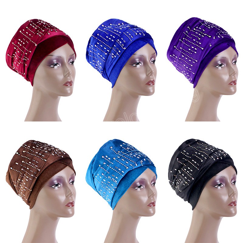 Women Rhinestone Velvet Long Turban Muslim Head Scarf Hat Islamic Under Scarf Ladies African Wrap Head Scarves Bonnet