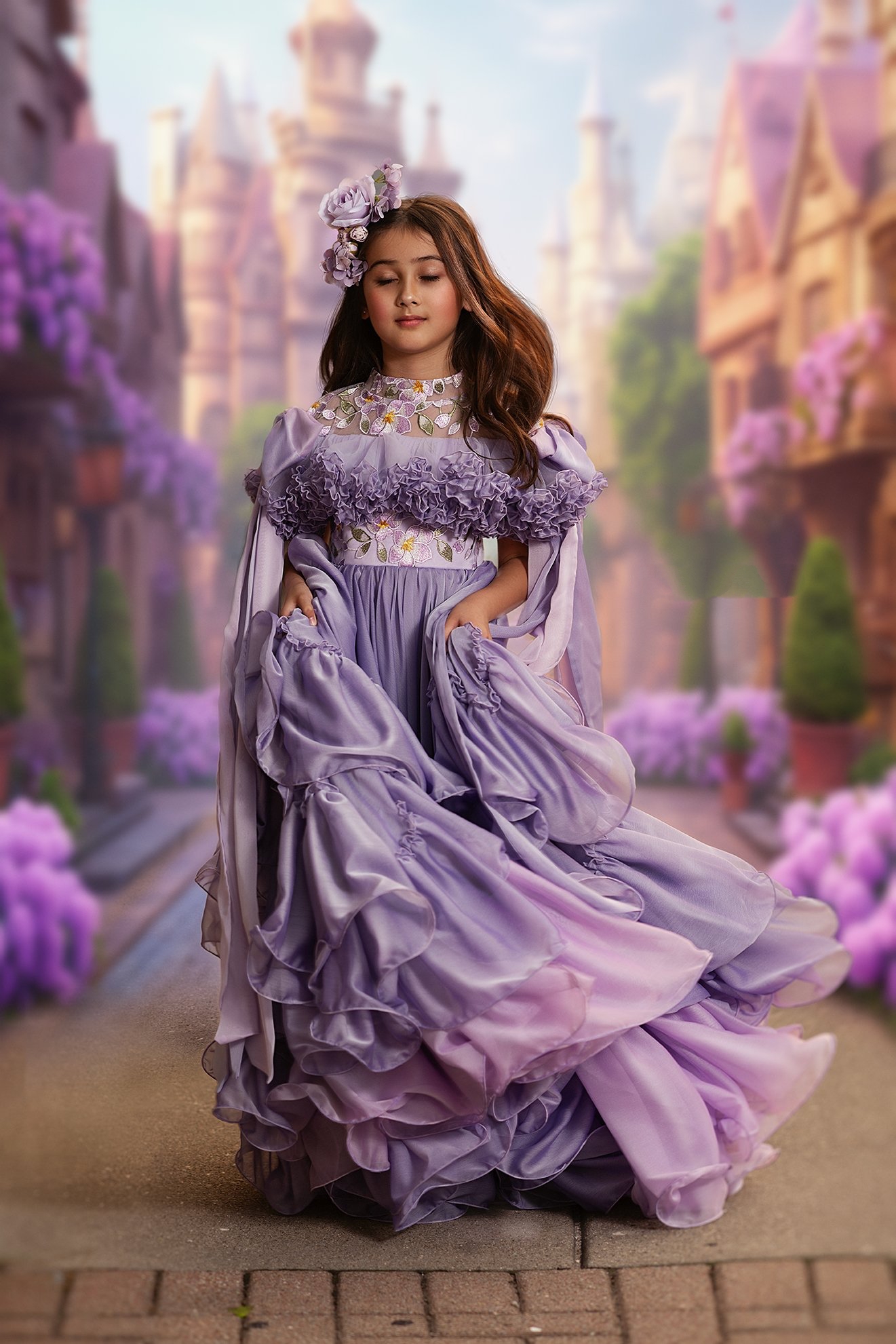 Iridescent Chiffon Preteens Girl Pageant Dress 2024 Ruffle Floral Lace Lilac Lavender Little Kid Birthday Formal Party Gown Toddler Teens Tiny Young Junior Miss