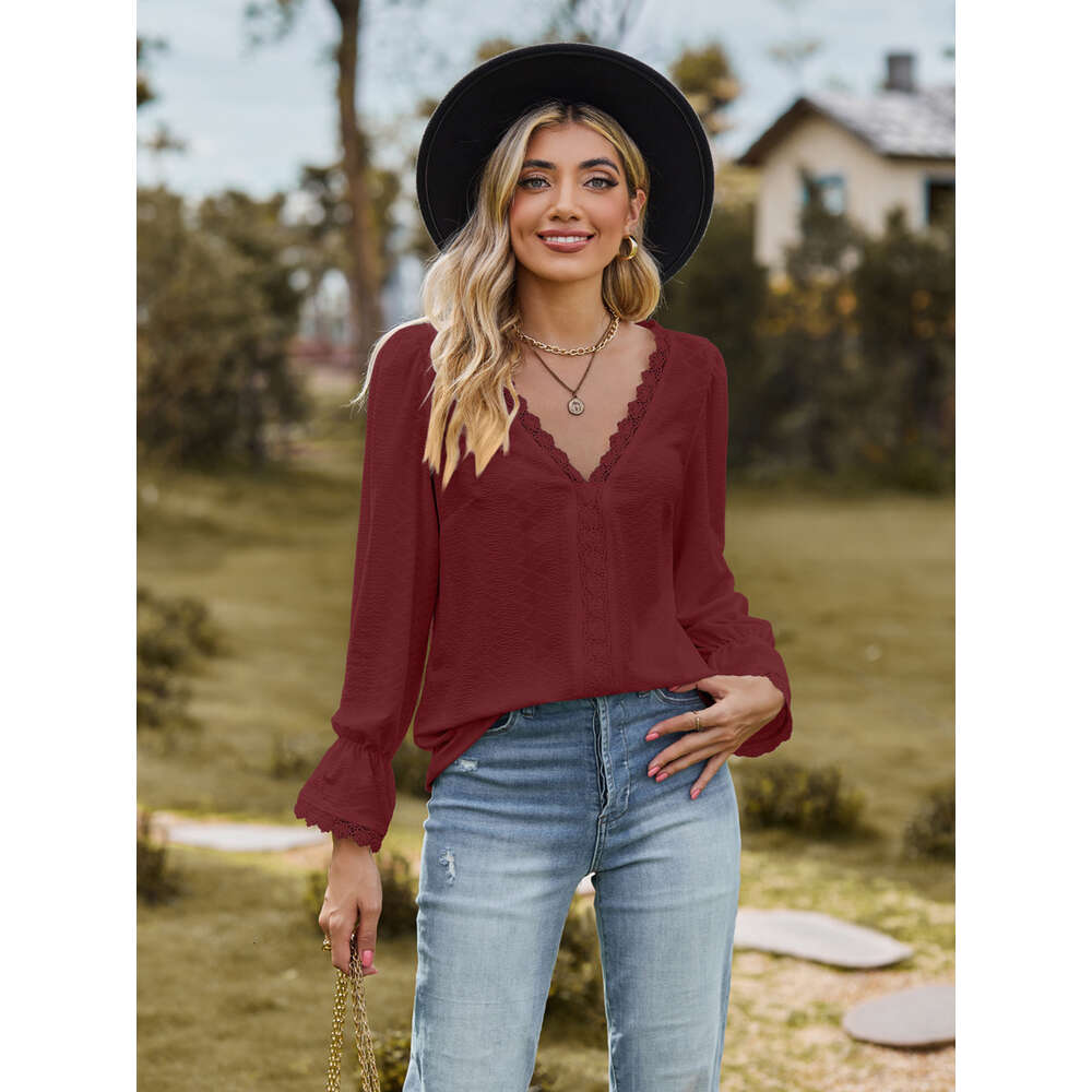 Women Popular T-shirt 2023 Autumn Winter New Jacquard V-neck Lace Panel Long Sleeve Top Blouse