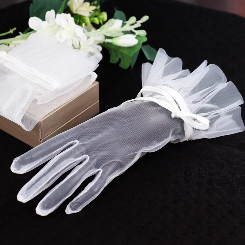 Elegante Frauen Hochzeit Braut kurze weiße Handschuhe atmungsaktive Tüllband Bug Braut Brautjungfer Accessoires