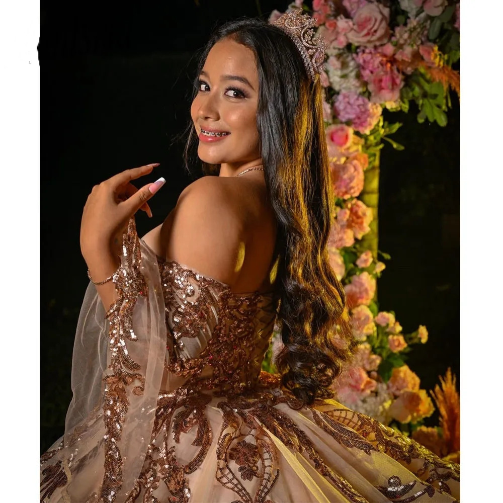 Rose Gold Ball Gown Quinceanera Dress 2024 Sparkly Sweetheart Backless Sweet 16 Dress Pageant Gowns Vestido De 15 Anos