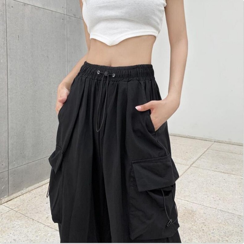 Swobodne elastyczne spodnie odzieży roboczej Women streetwear z wysoką talią proste rurkę szerokie nogi spodnie luźne spodni dla kobiet