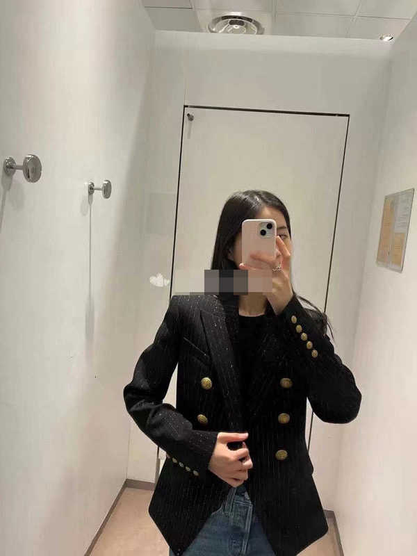 Damespakken Blazers Designer Hoogwaardig dames herfst 2023 nieuw product met metallic fijne streep double-breasted klein jasje taillebandvorm RKNJ