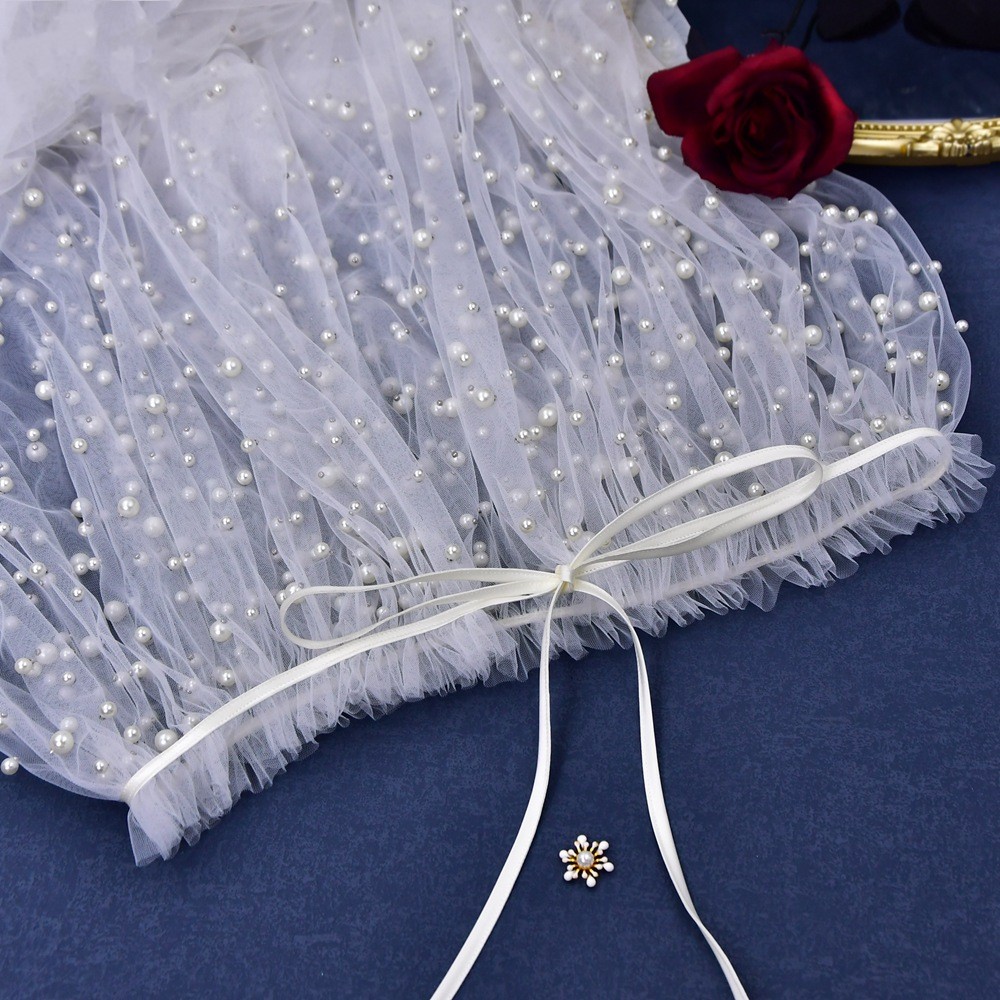 Luxo barato romântico pérolas tule capa de noiva marfim branco longo capas de casamento com tule casamento nupcial envolve manto de noiva