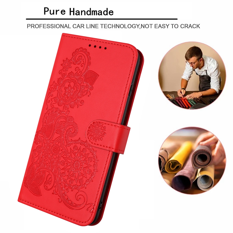 Datura Flower Pu Leather Wallet Falls för iPhone 15 14 Plus 13 Pro Max 12 11 X XR XS 8 7 6 Fashion Stylish Henna Mandala Floral Holder ID Card -kortplats Flip Cover Pouch Strap