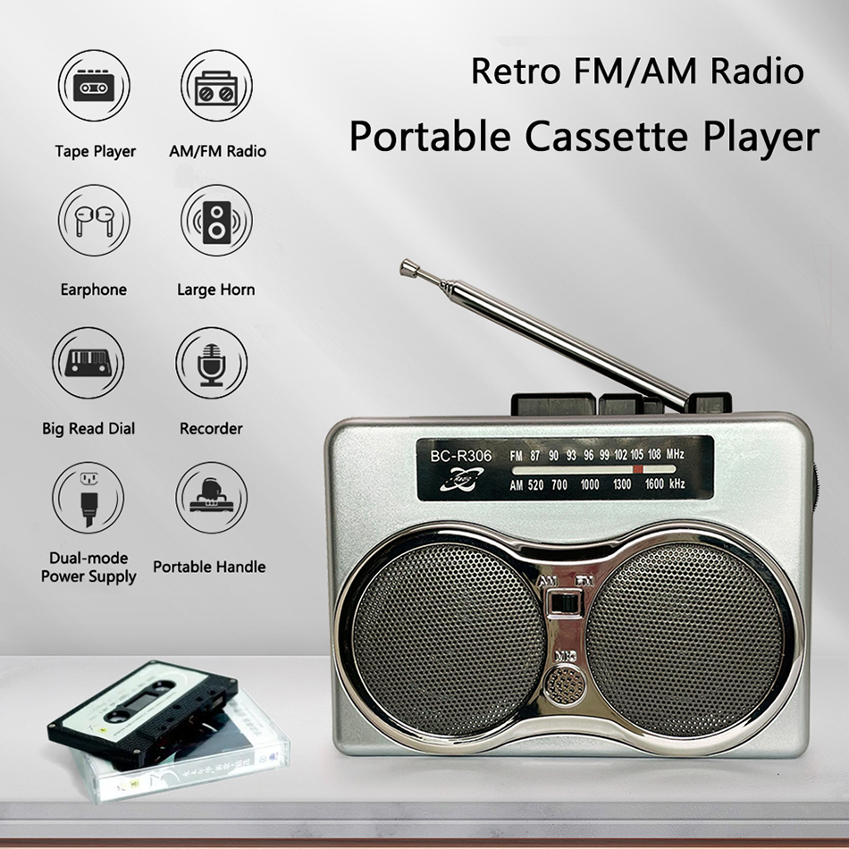 Rádio portátil retro clássico walkman duplo alto-falante fita estéreo memória fm am antena de rádio com fone de ouvido de 3.5mm para jardinagem pesca