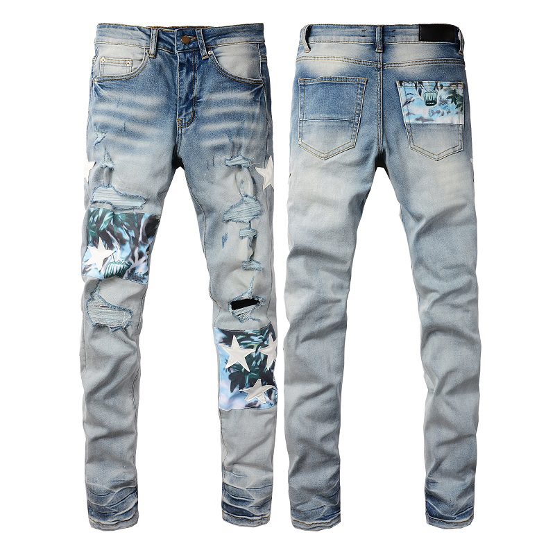 Pantalones vaqueros de diseño para hombre, logotipo de la marca de letras, pantalones blancos y negros de renacimiento de rock, pantalones de motorista, pantalón de hombre, bordado con agujero roto, talla 28-40