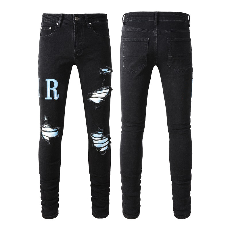 Pantalones vaqueros de diseño para hombre, logotipo de la marca de letras, pantalones blancos y negros de renacimiento de rock, pantalones de motorista, pantalón de hombre, bordado con agujero roto, talla 28-40