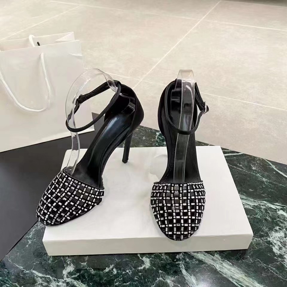 Sandálias de salto alto com diamantes de cristal, bico redondo, alça traseira, sapatos de couro genuíno, elegante, sexy, feminino, casamento, sexy, elegante, marca, mules