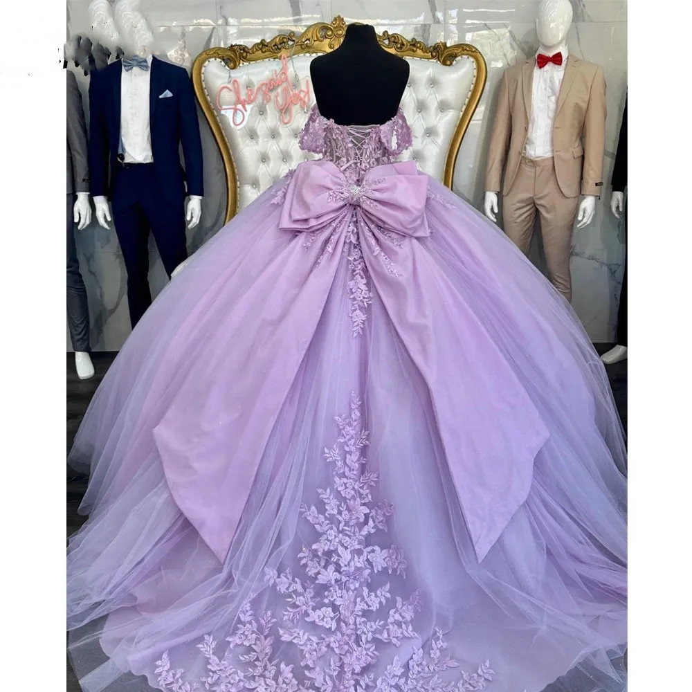 Lilac Off The Shoulder Bow Ball Gown Quinceanera Dresses 2023 Off Shoulder Plus Size Formal Appliques Lace Corset Vestido De 15 Anos