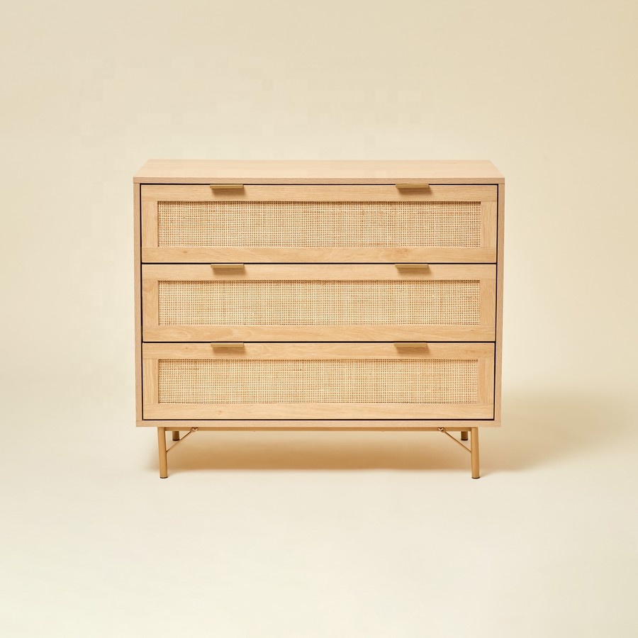 Modern cheap rattan living room cabinet furniture 3 Tier wood Chest of Drawers, rattan dresser