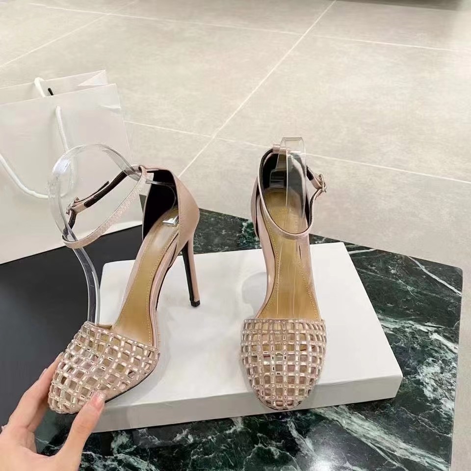 Sandálias de salto alto com diamantes de cristal, bico redondo, alça traseira, sapatos de couro genuíno, elegante, sexy, feminino, casamento, sexy, elegante, marca, mules