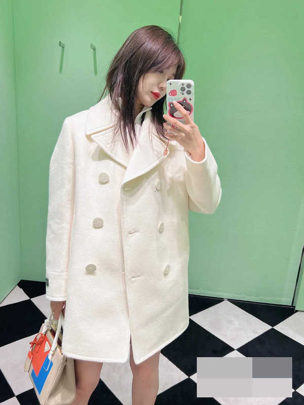 Women's Wool Blends Designer Autumn Winter New High-End Women's Lapel, Medium Length White Cashmere Coat Double Breasted WPLA
