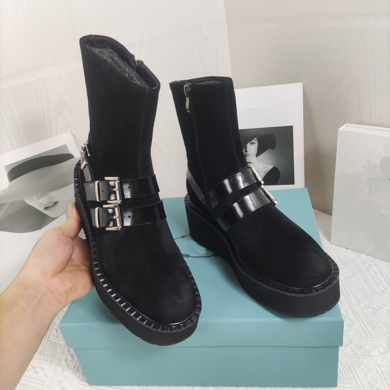 New Wedges Heels Short Boots Women Suede Leather Belt Buckle Stretch Boots Platform Shoes Women High Heels Runway Boots Woman