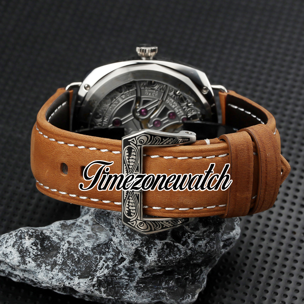 New 47mm Firenze Automatic Mens Watch Black Dial Vintage Engrave Steel Case Brown Leather Strap Gents Limited Edition Watch Big Size Timezonewatch HWTM E-01